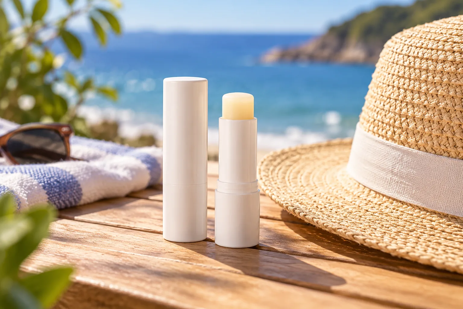 Two unbranded lip balm sticks beside a straw sun hat on an outdoor table.
