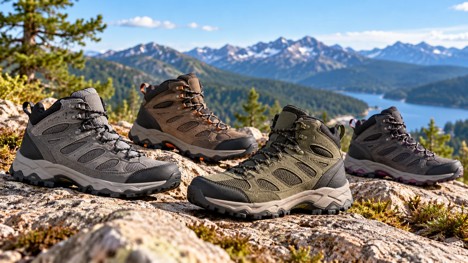 Four unbranded hiking boots in varied styles sit on a rocky alpine trail overlooking a lake and mountains.