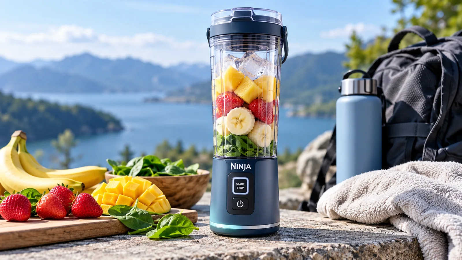A portable Ninja blender cup filled with fruit and greens sits on a rock beside travel gear.