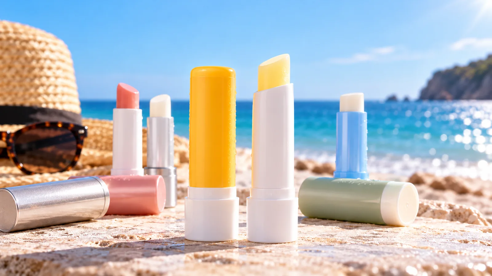 Unlabeled lip balm sticks on a sunny beach table.