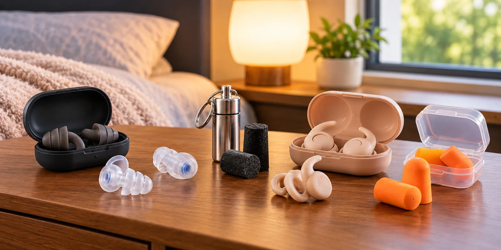 Assorted generic earplugs and carrying cases on a bedroom nightstand.