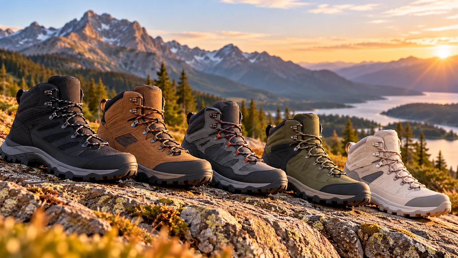Five unbranded hiking boots arranged on a rocky mountain trail at sunrise.