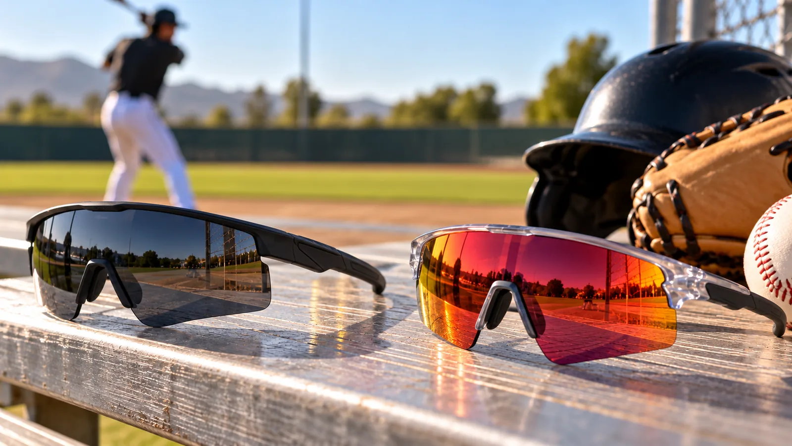 Sport sunglasses arranged beside baseball gear.