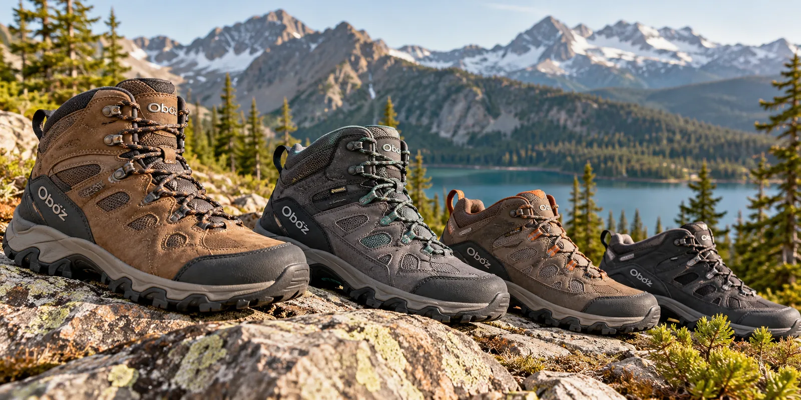 Several Oboz hiking boots in different styles are displayed on rocks beside an alpine lake.