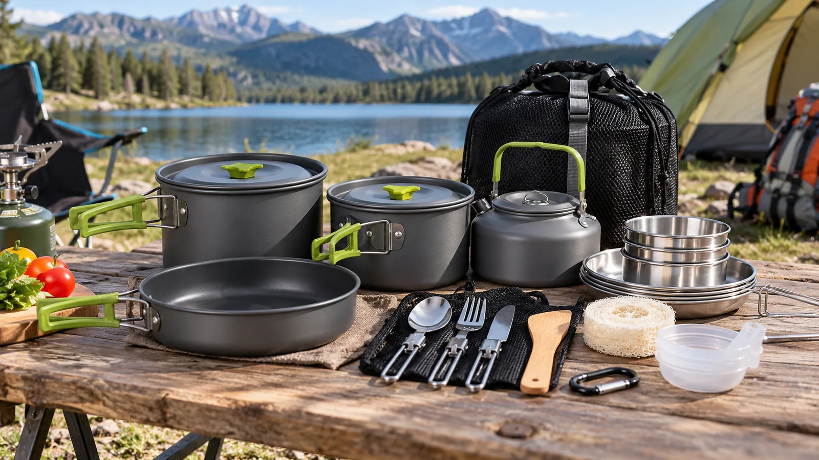 Camping cookware with pots, a frying pan, kettle, plates and utensils is arranged on a campsite table.