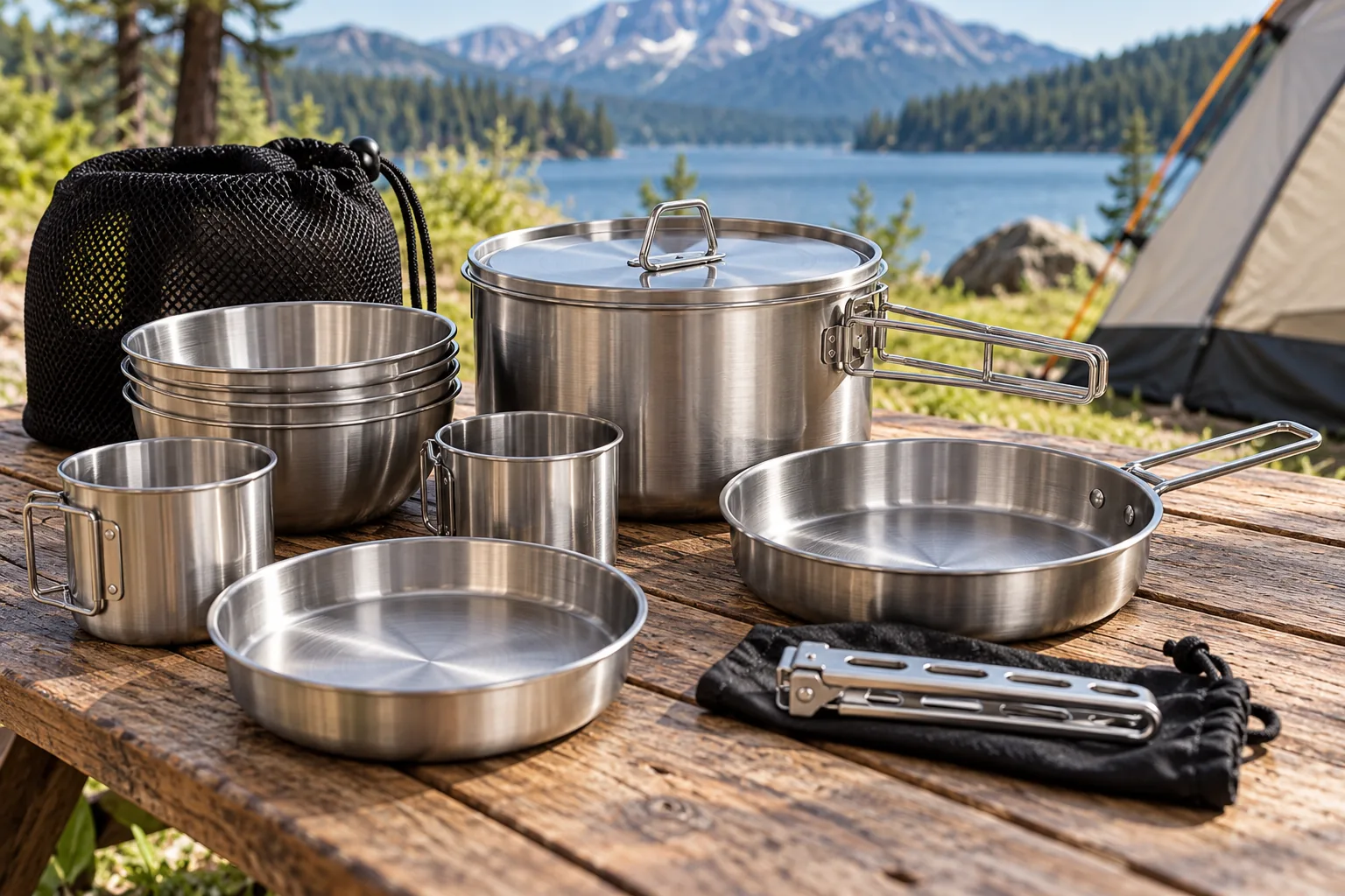 Nested stainless-steel camping pots, bowls and cups with folding handles and a mesh storage bag are arranged on a campsite table.