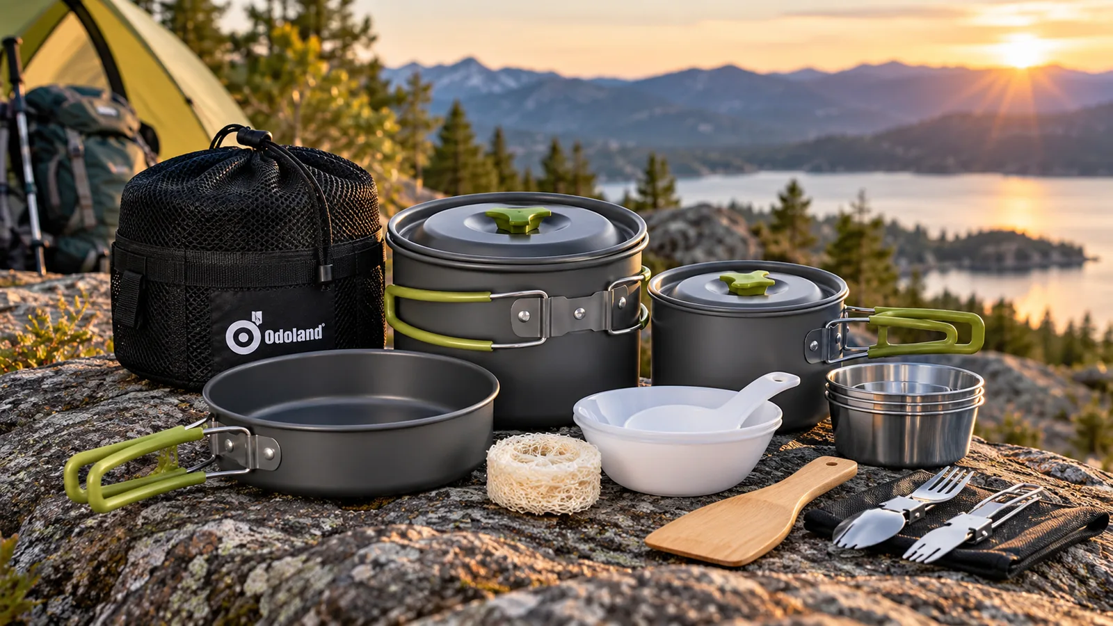 A compact camping cookware set with pots, pan, cups and utensils is arranged at a lakeside campsite.