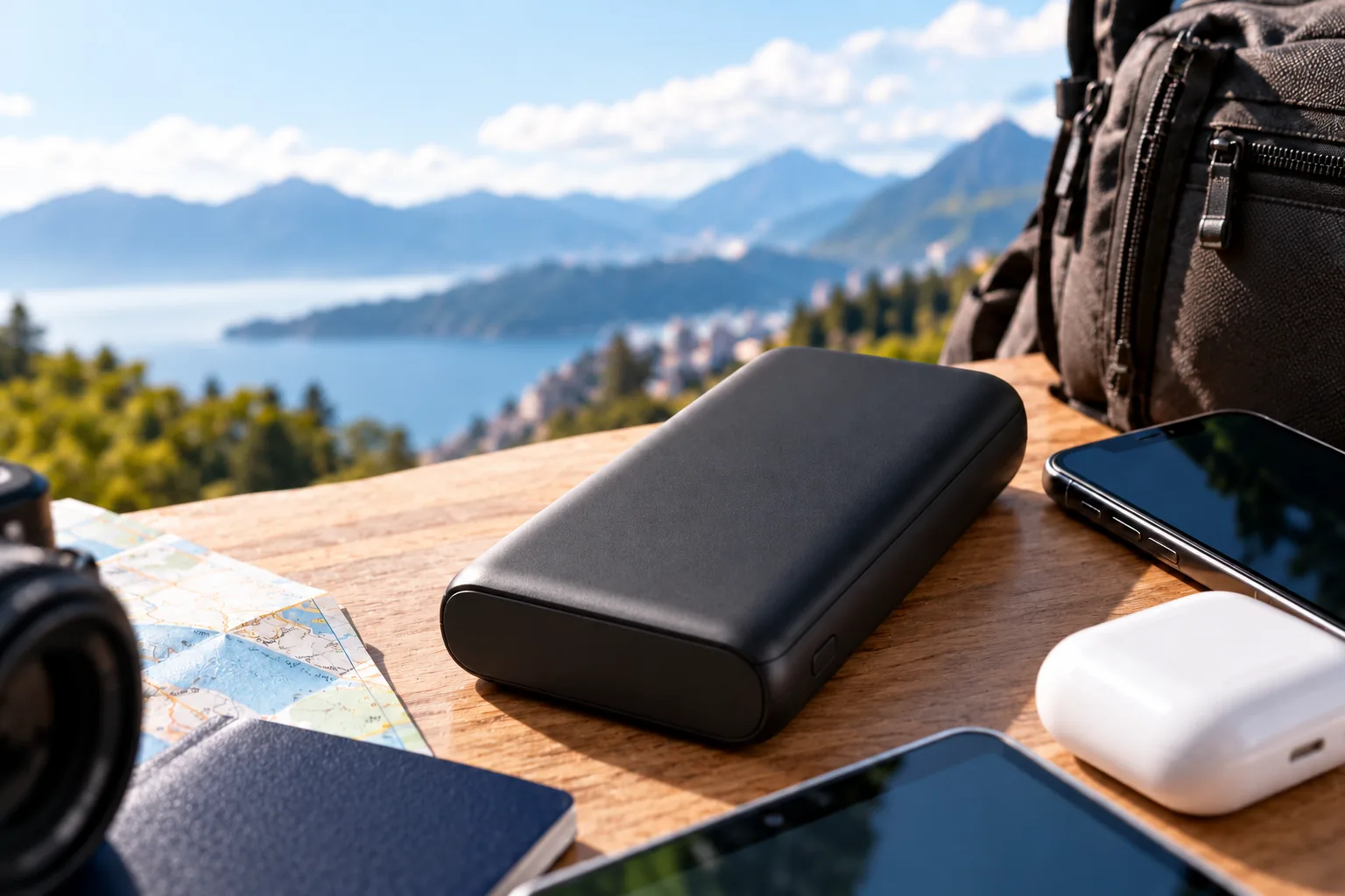A plain unbranded portable charger lies beside phones, a map and travel gear.