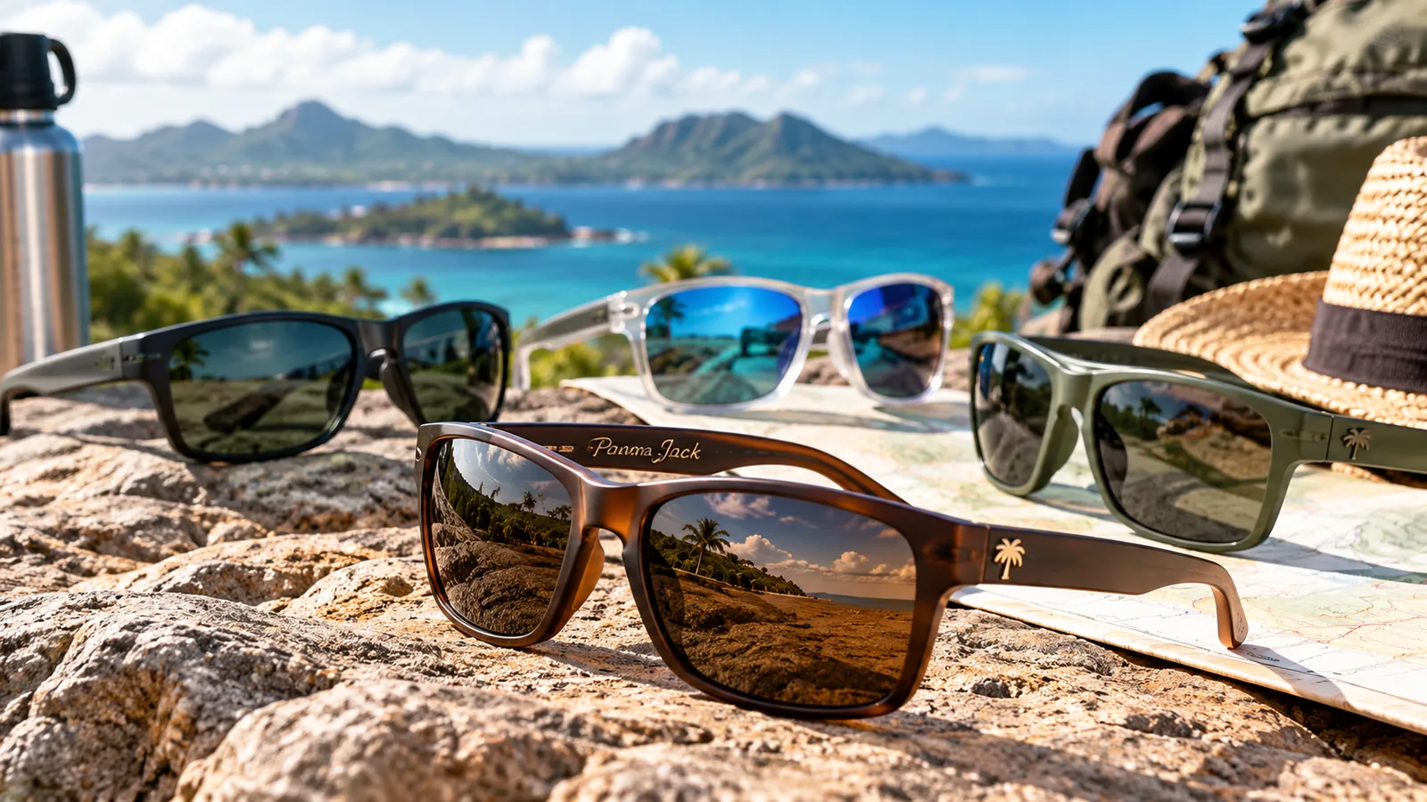 Several pairs of sunglasses are arranged on a rock beside a coastal view, with Panama Jack text visible on one frame.