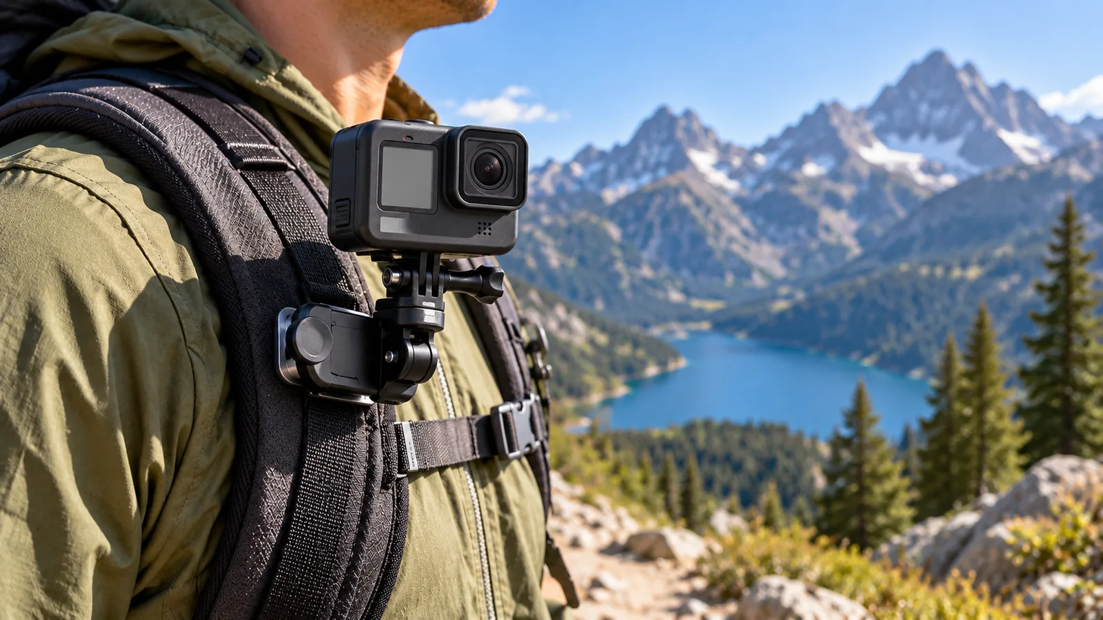 A compact action camera is mounted to a hiker’s backpack shoulder strap against a mountain trail.