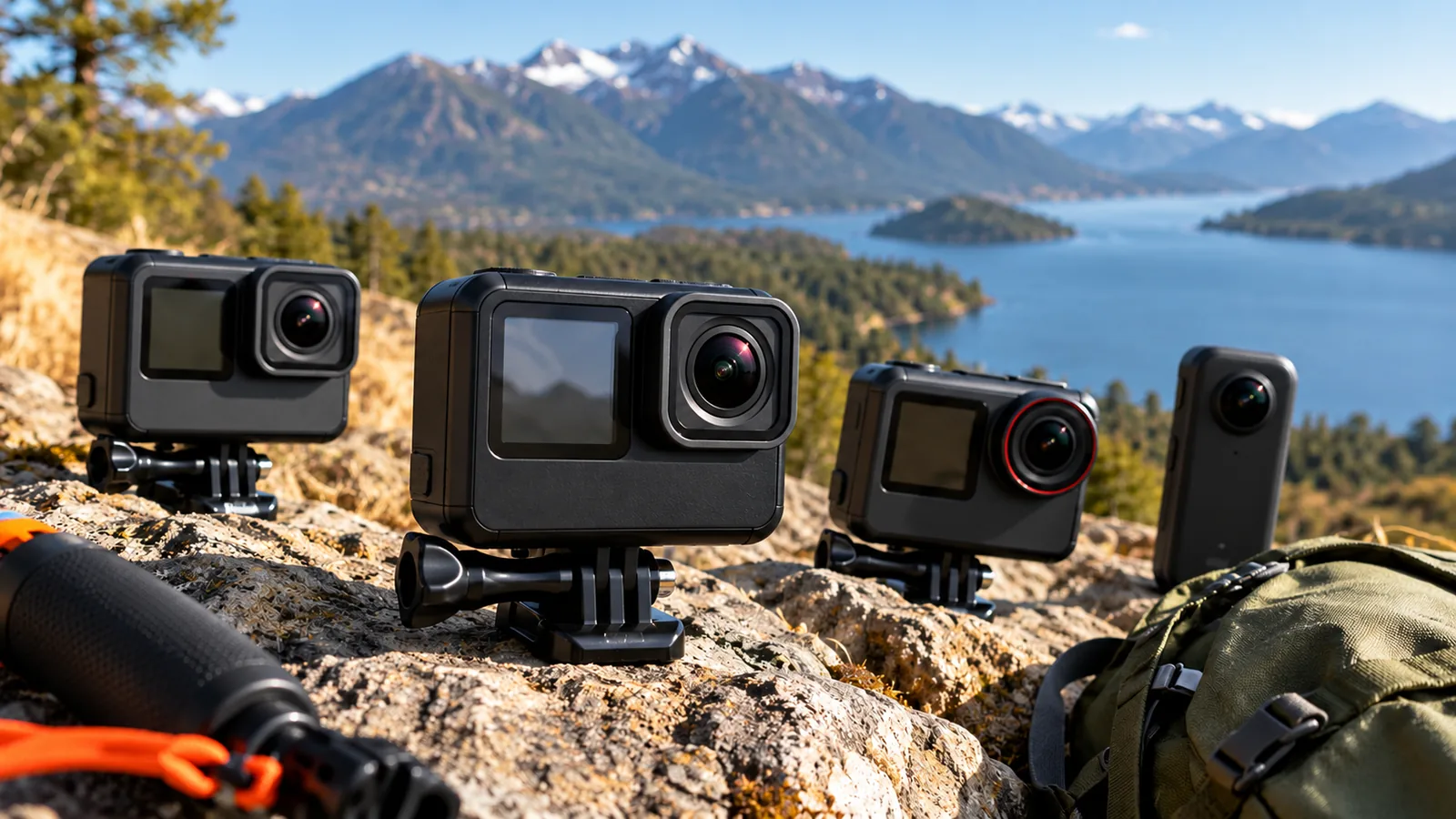Several unbranded action cameras with mounts arranged on a rocky mountain overlook.