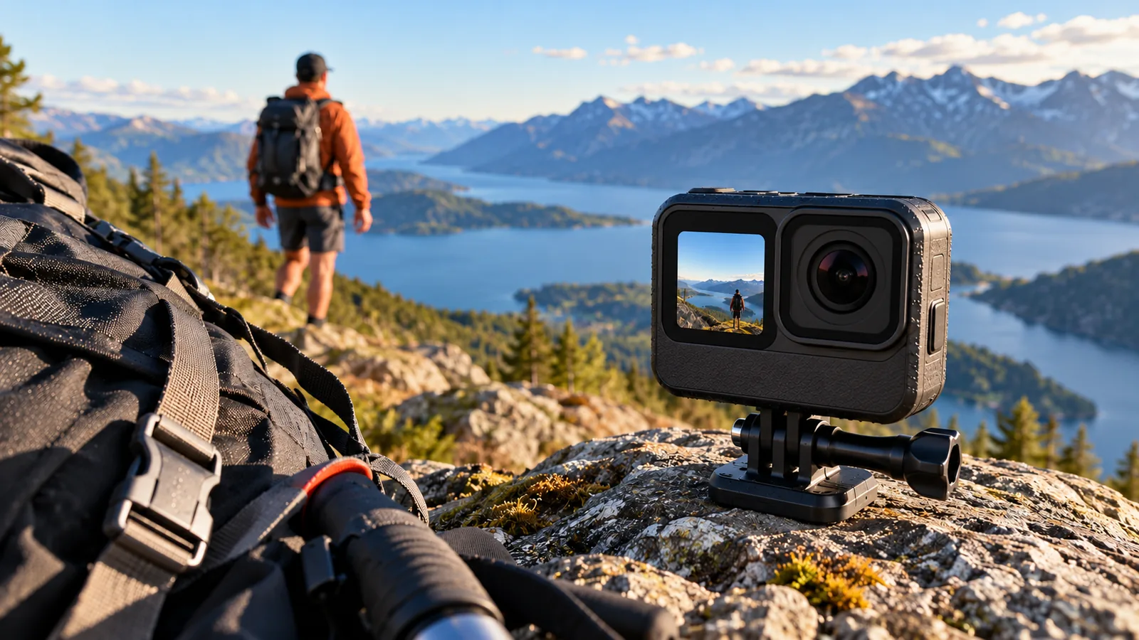 An unbranded action camera on a small mount on a rocky overlook, with a hiker and mountain lake in the background.