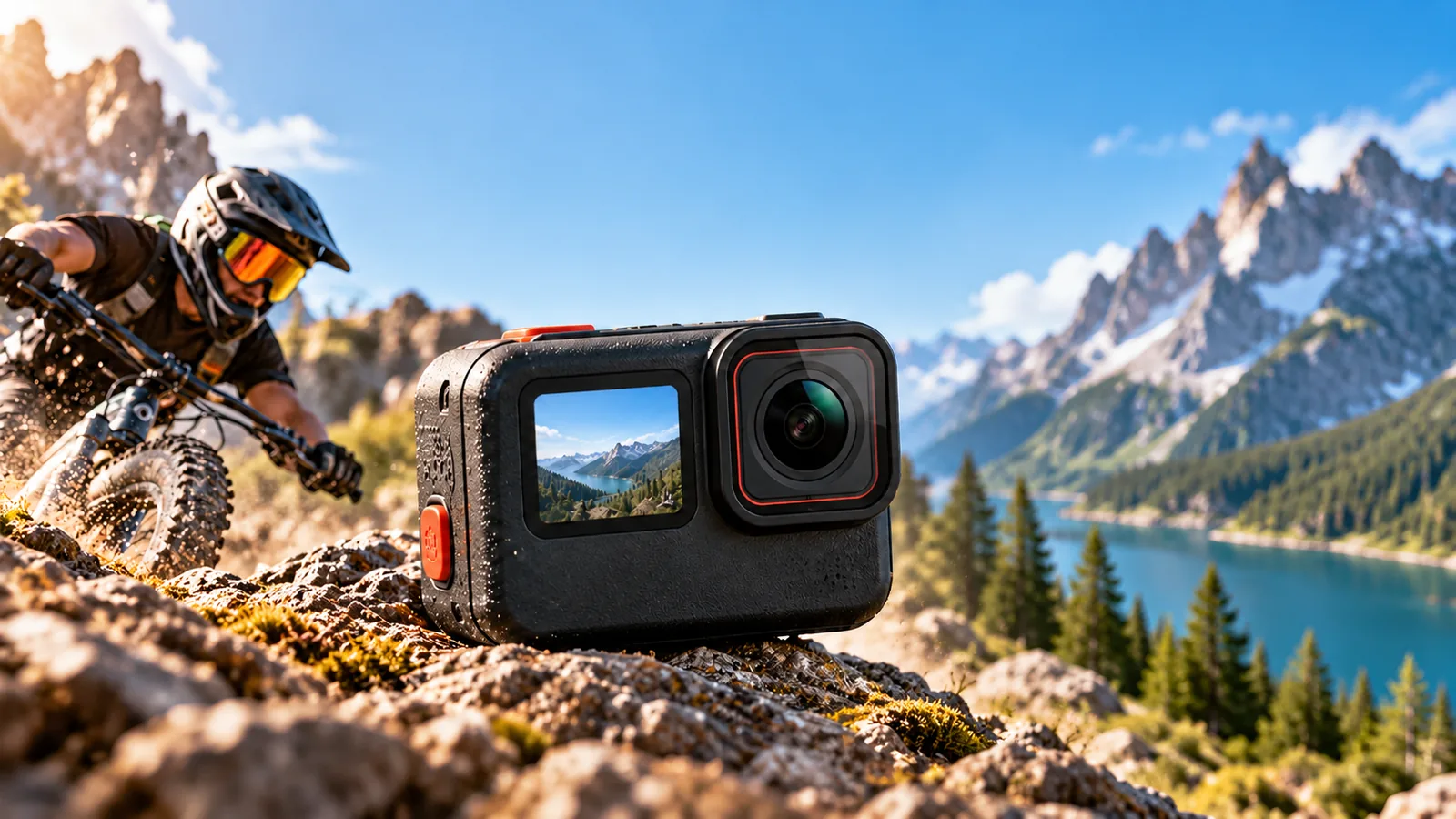 A compact action camera on a rocky trail beside a cyclist in a mountain landscape.