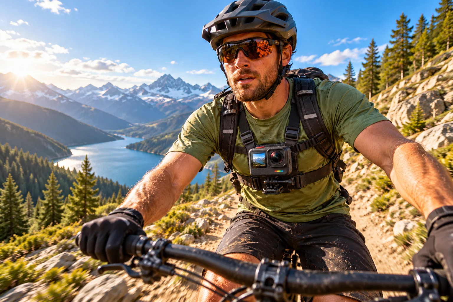 A mountain biker wears an action camera on a chest harness while riding an alpine trail.