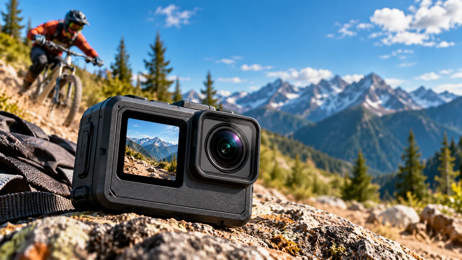 An unbranded action camera sits on a rocky trail with a mountain biker in the background.