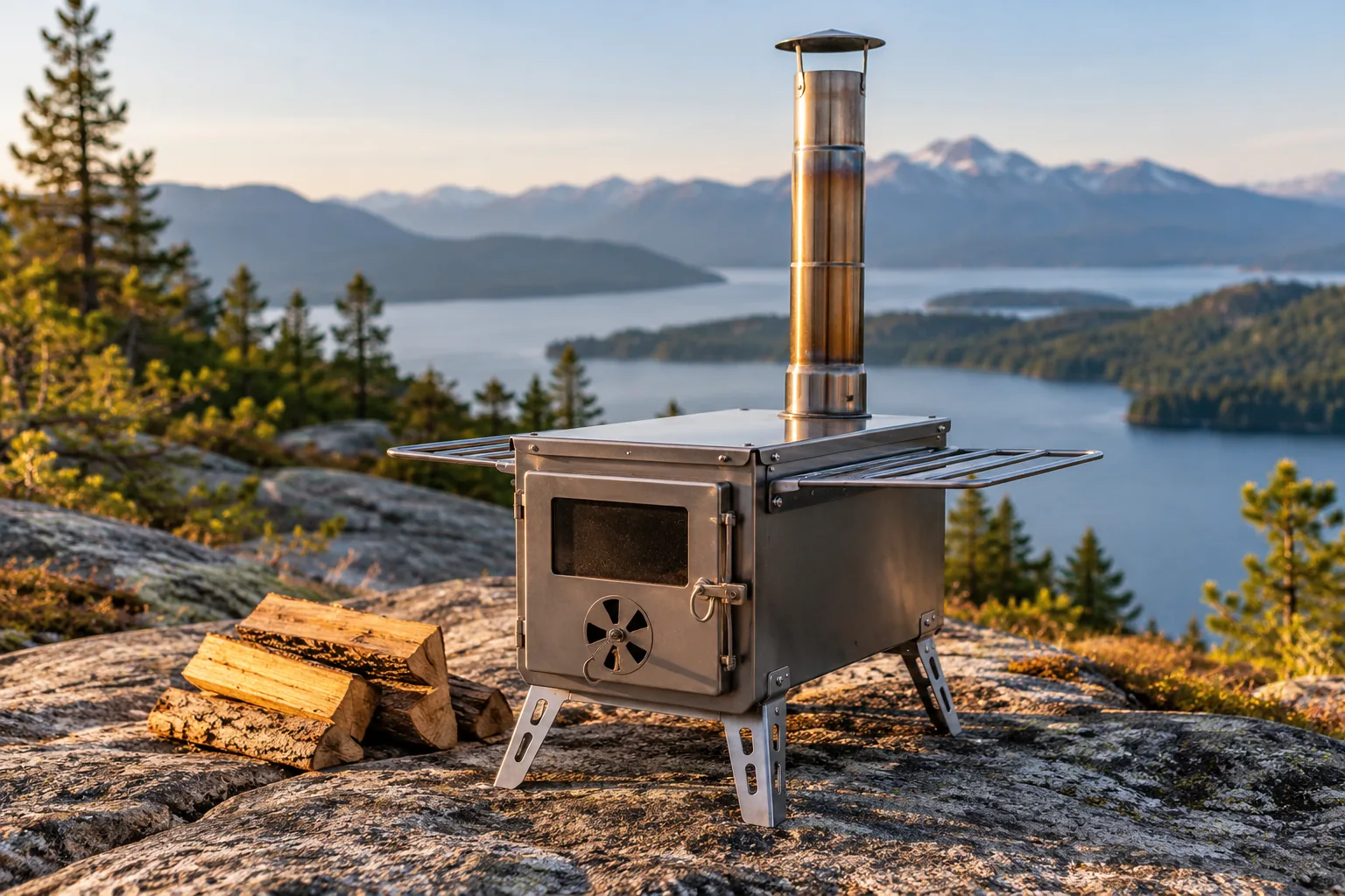 A generic portable wood-burning camp stove with chimney and a few logs on a clear outdoor stone campsite.