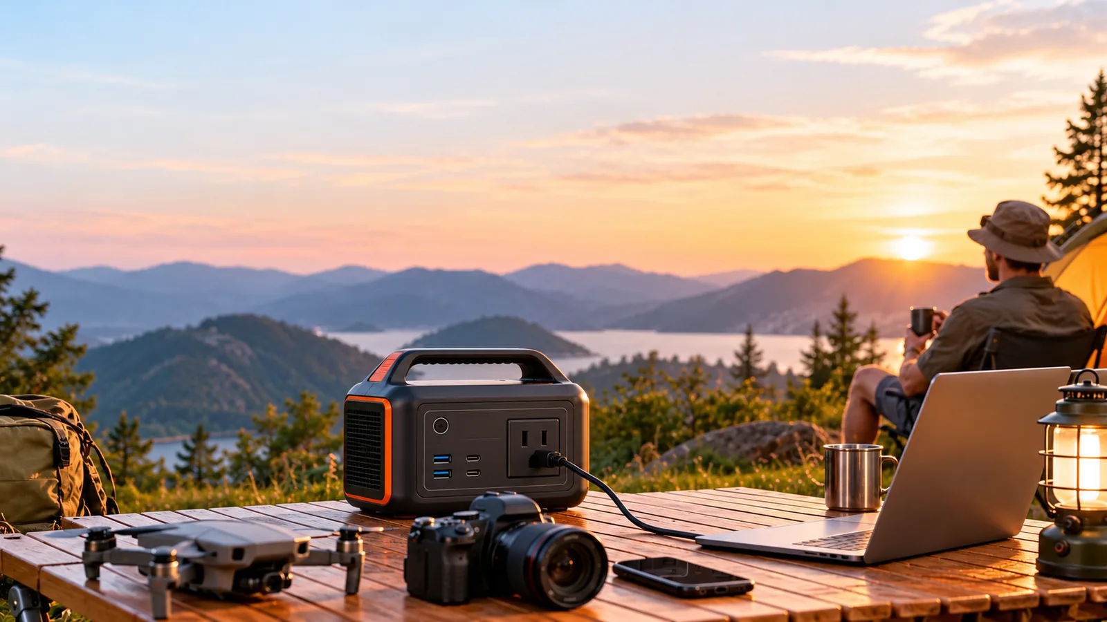 A portable power station with an AC outlet is connected to a laptop at a lakeside campsite.