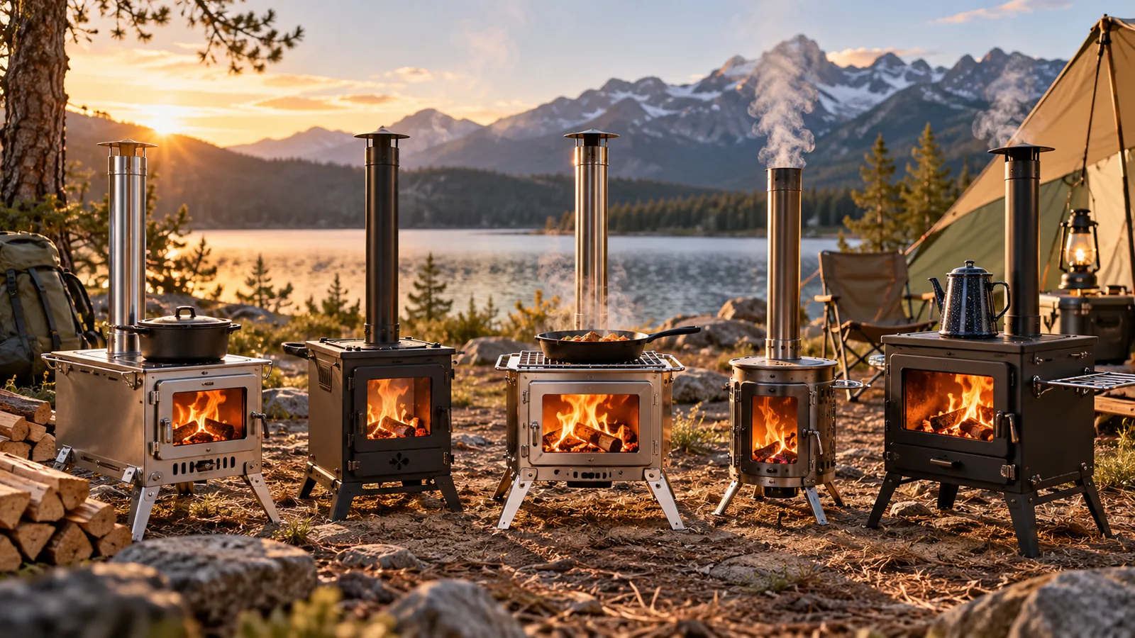 Several portable wood-burning camp stoves with flues are arranged at a mountain campsite.