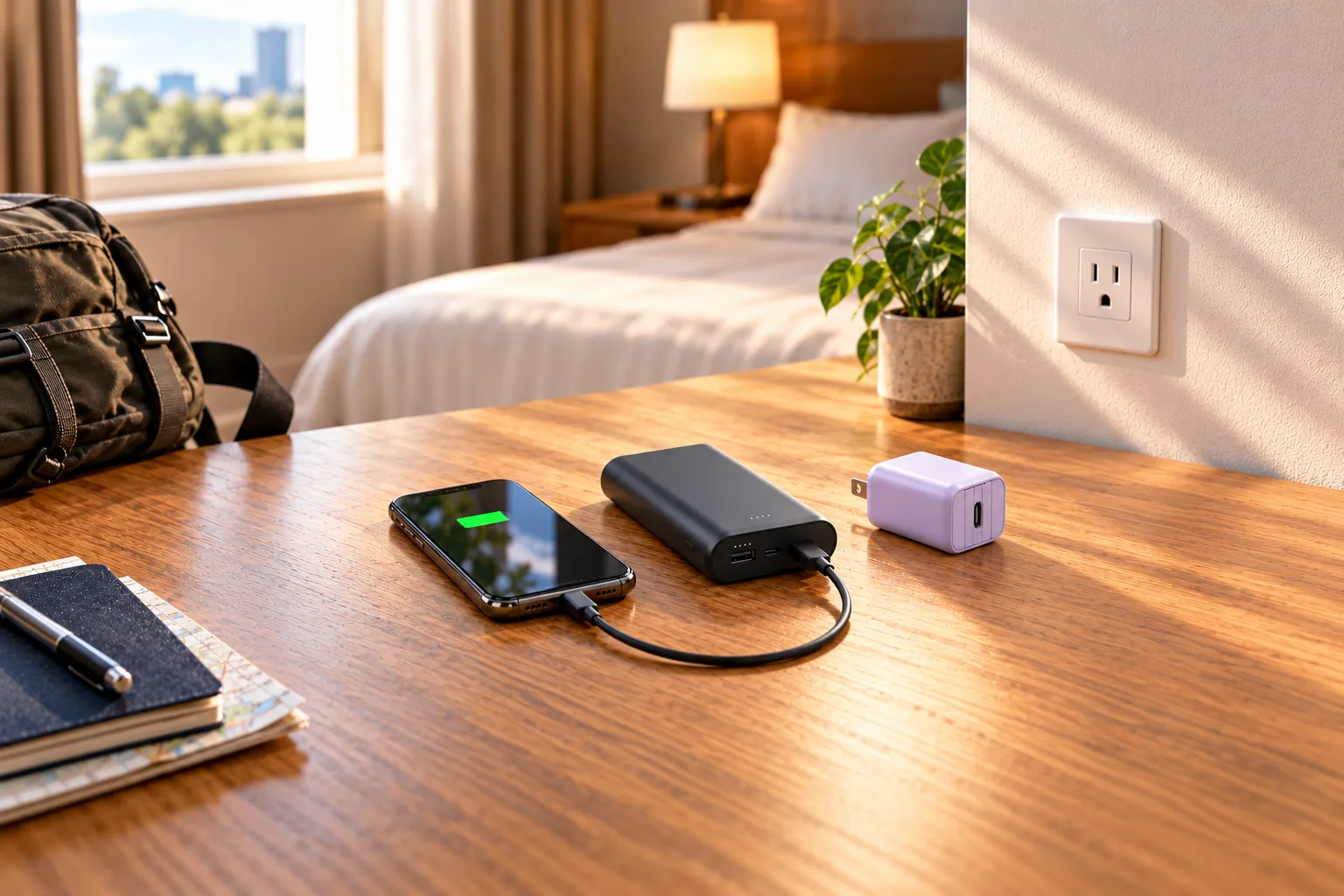 A power bank charges a smartphone beside a compact plug-in charger on a hotel-room table.