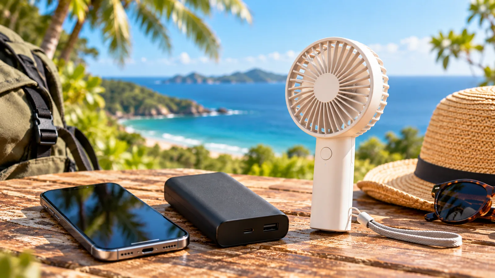 A portable power bank and fan arranged on an outdoor table.