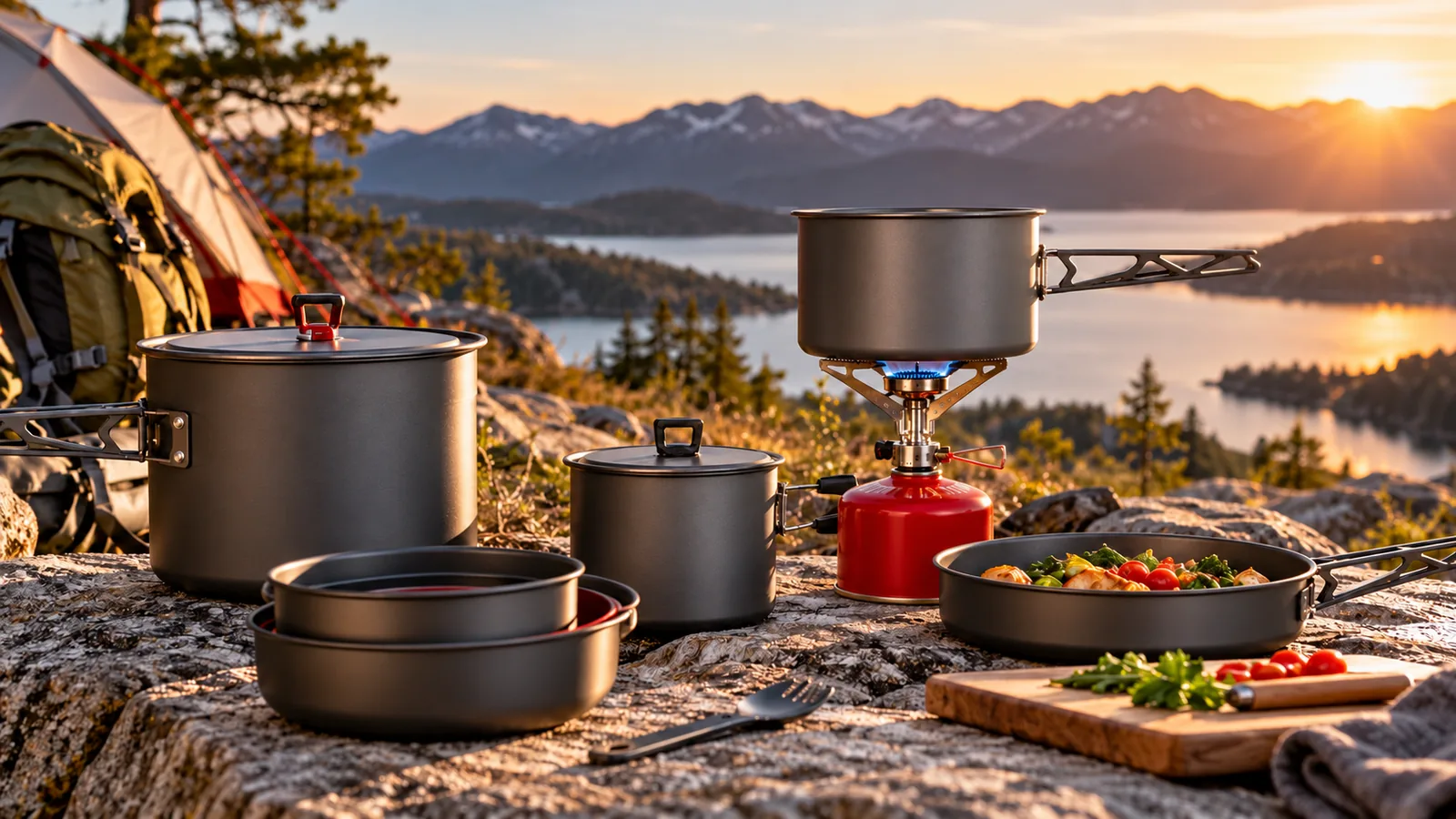 Camping cookware arranged beside a portable camp stove.