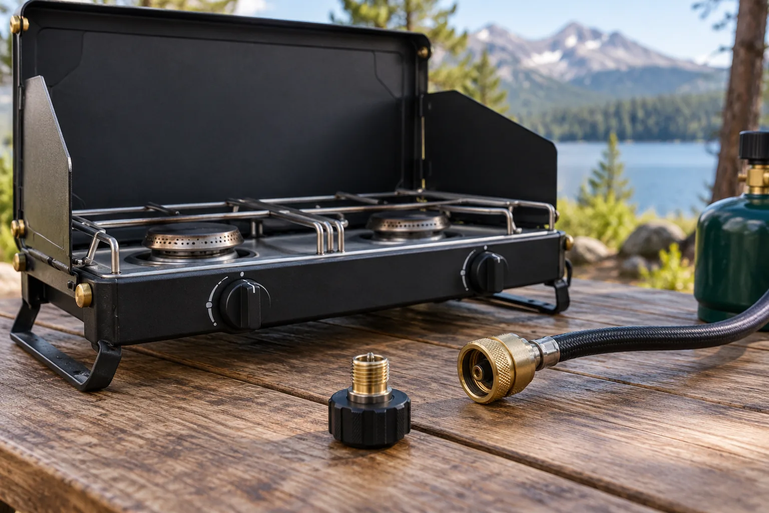 An unlit double-burner camping stove beside a detached propane hose connector and a separate fitting on a wooden table.