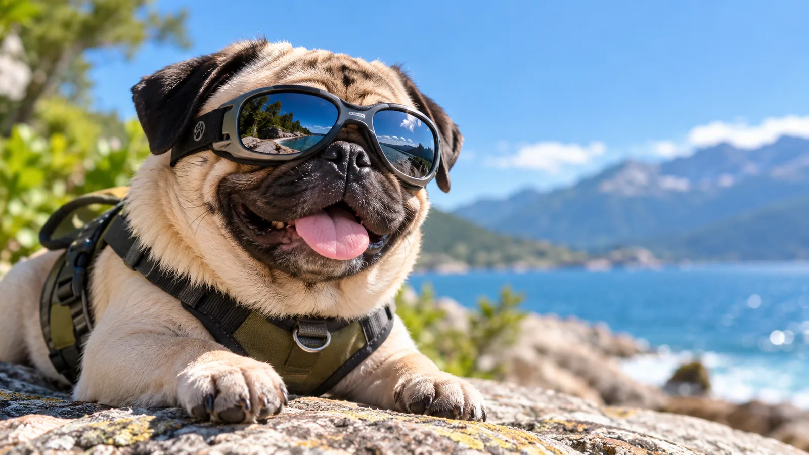 A pug wearing fitted black sunglasses lies on a rocky overlook beside a mountain lake.