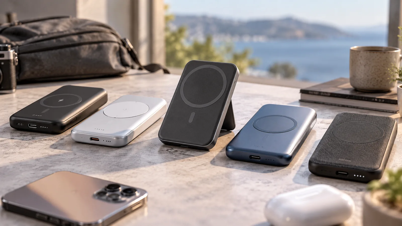 Several portable power banks with circular wireless charging pads are arranged beside a smartphone and travel bag.