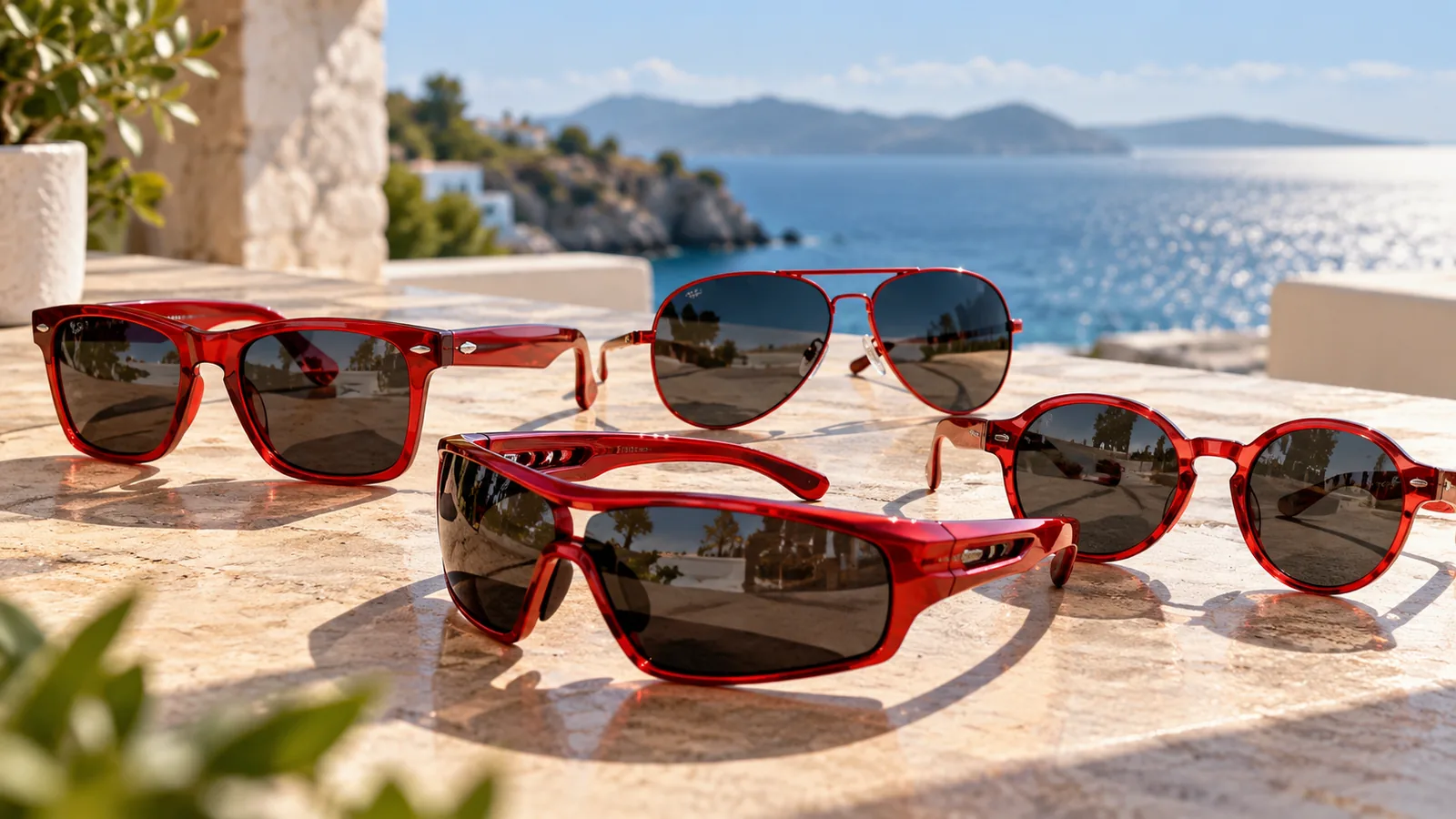 Four pairs of red sunglasses in square, aviator, sport-wrap and rounded styles sit on a sunlit seaside table.