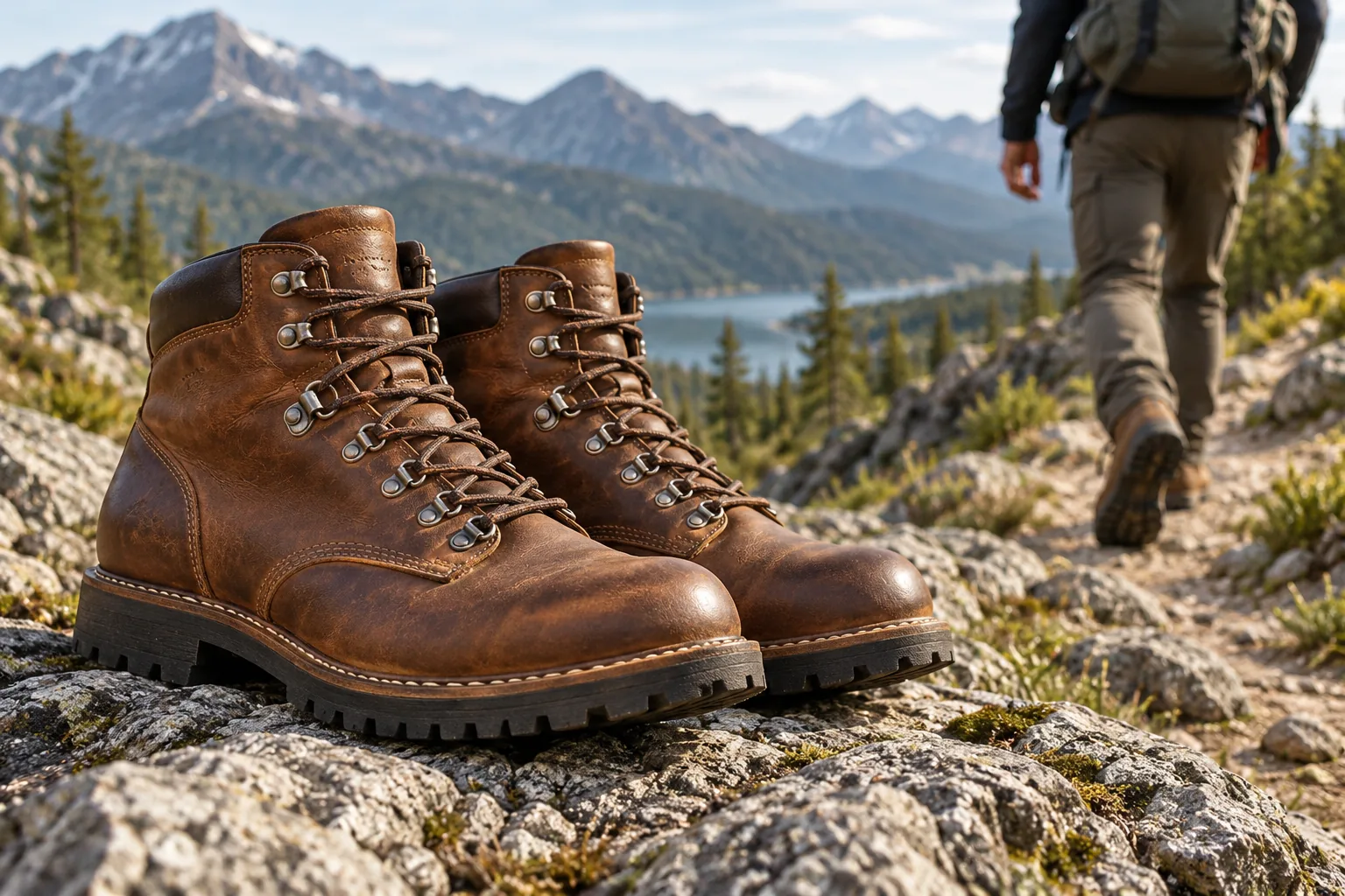 A pair of brown leather hiking boots sits on a rocky trail with a hiker walking in the background.