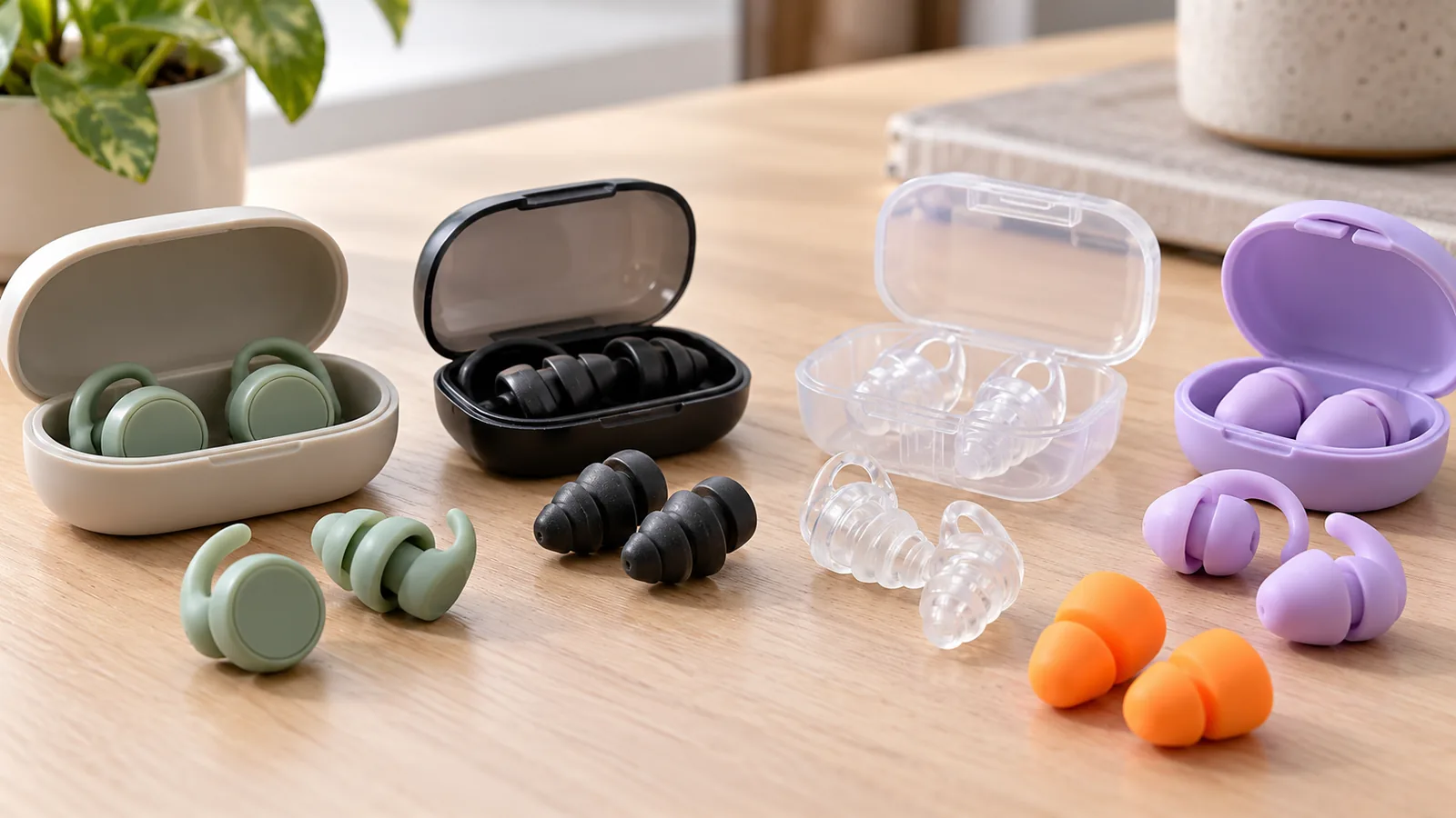 Reusable earplugs in several shapes and colors are displayed beside open storage cases on a table.