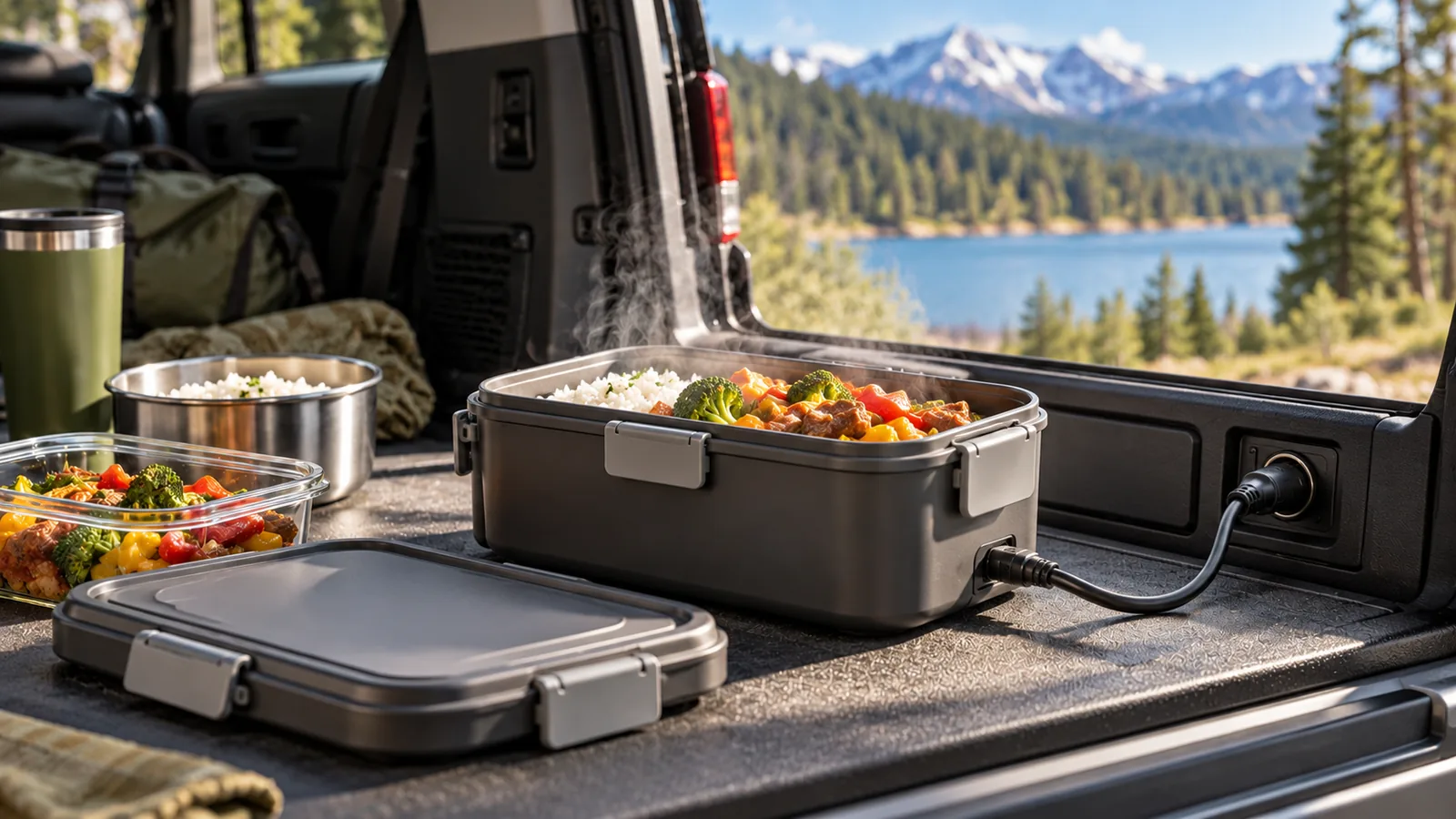 An unbranded food-warming box containing a meal is connected to a vehicle socket on an open tailgate.
