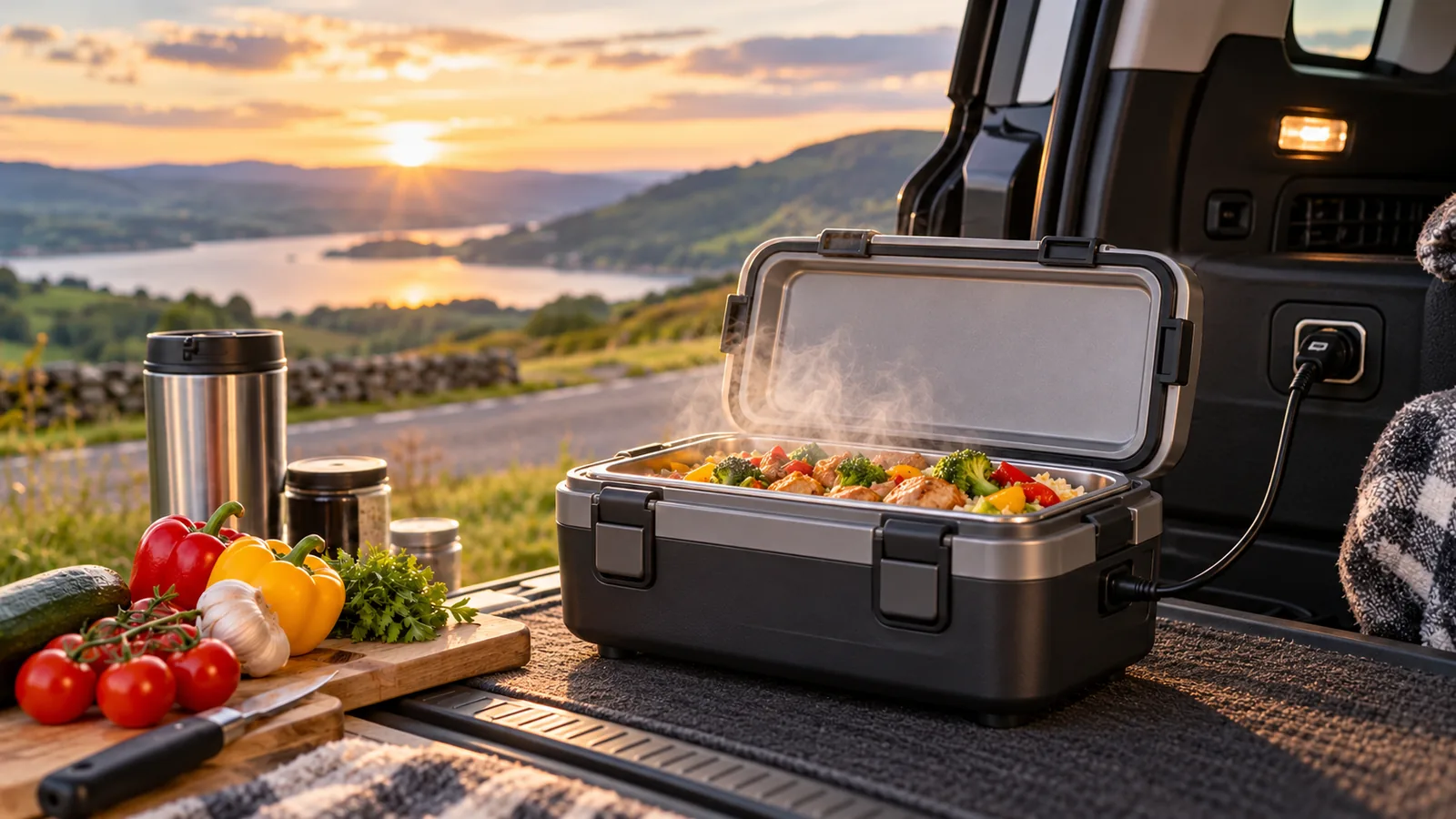An unbranded food warmer with a meal sits open in a vehicle's cargo area, plugged into a power outlet.