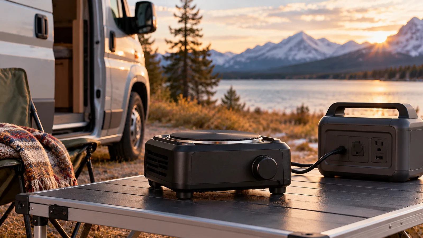 A plain portable electric heating appliance connected to a power station on an outdoor table beside a camper van.