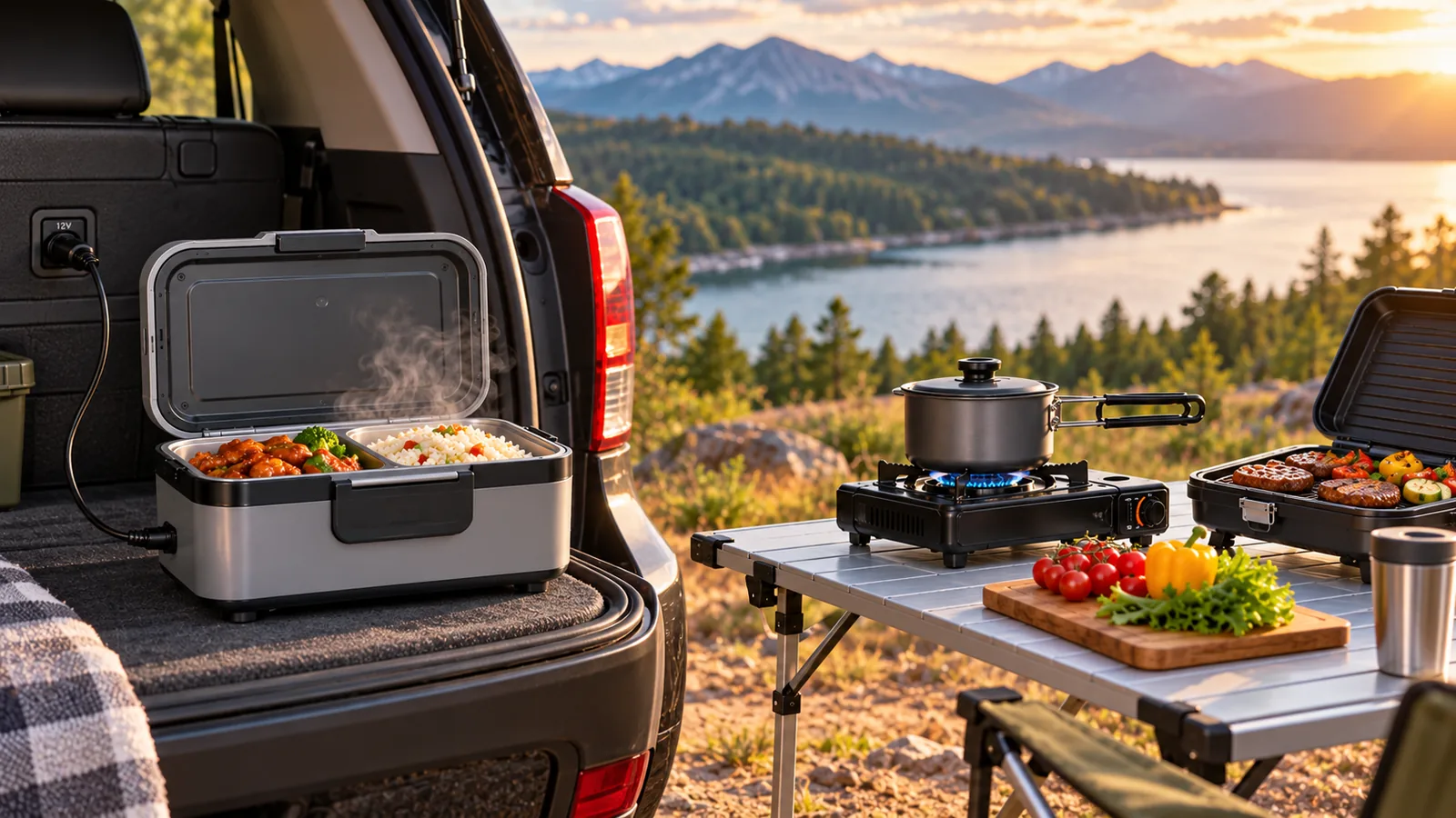 A wired food warmer sits in an open vehicle trunk while a separate gas stove and pan stand on an outdoor table at a campsite.