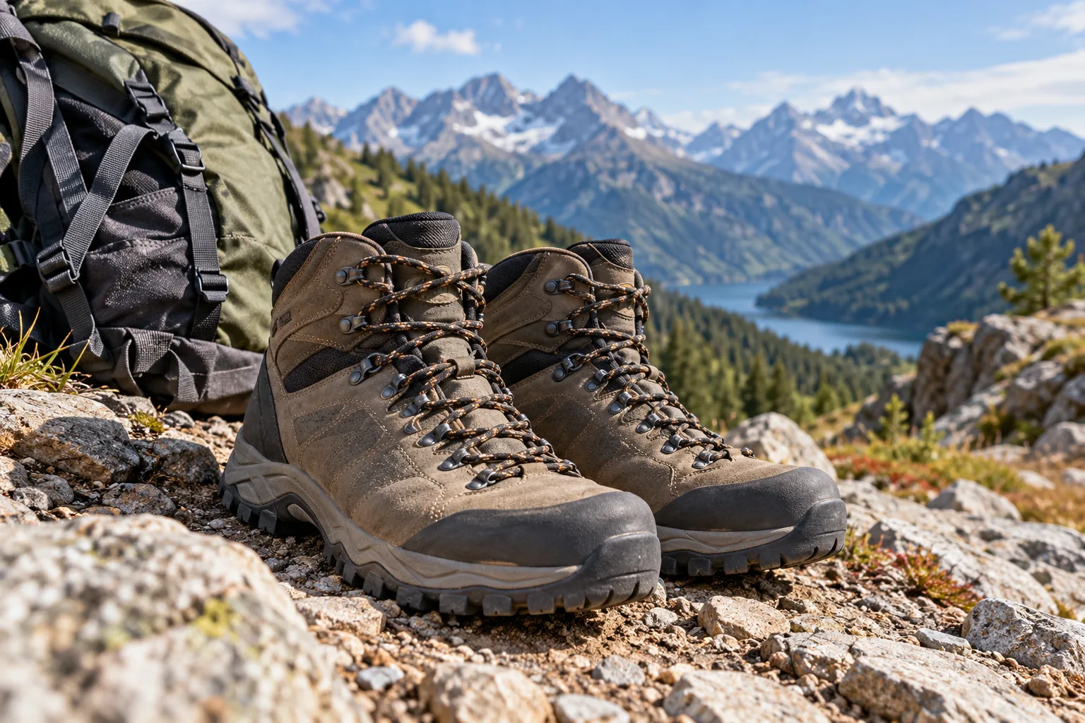 A pair of generic brown mid-height hiking boots on a rocky mountain trail beside a backpack.