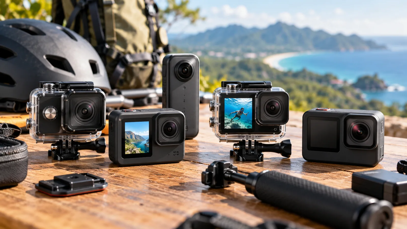 Several compact action cameras and mounts are displayed on a table beside a seaside view.