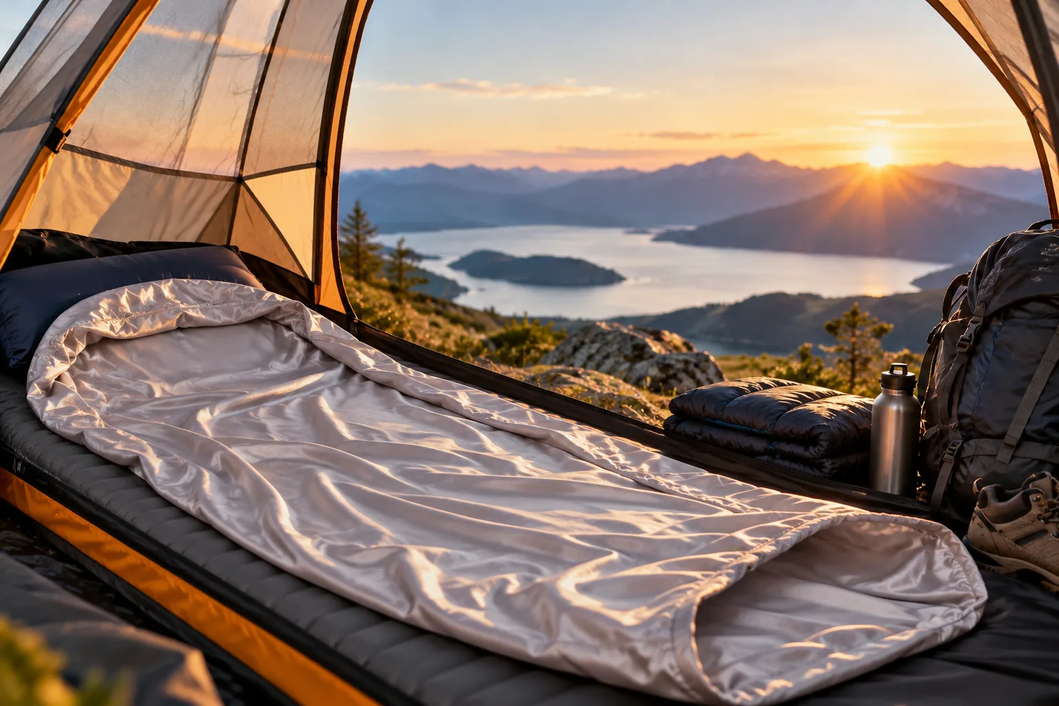 A light-colored sleeping bag liner lies open on a sleeping pad inside a tent overlooking a lake.