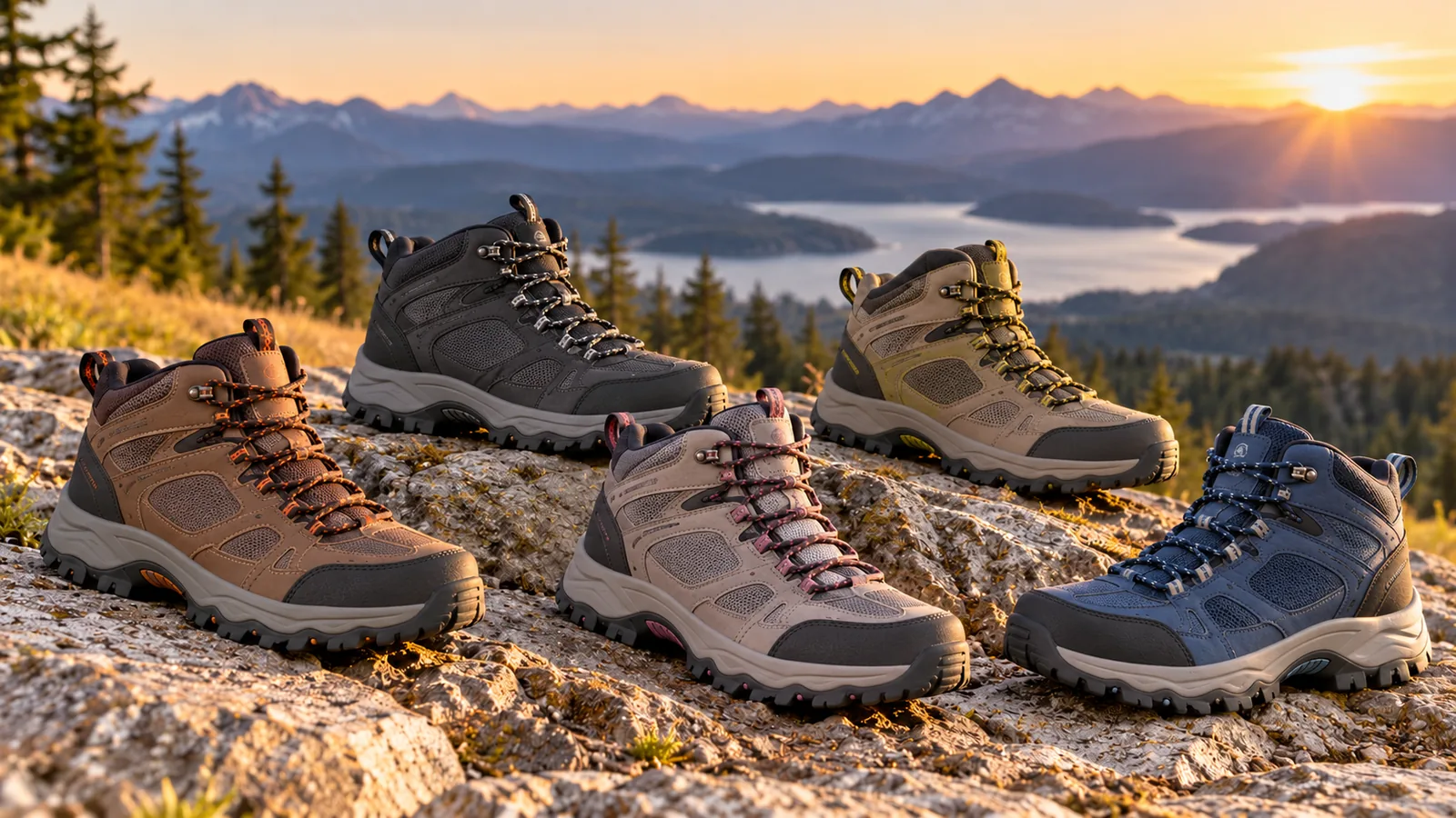 Several unbranded hiking boots in different colors are arranged on a rocky mountain trail.