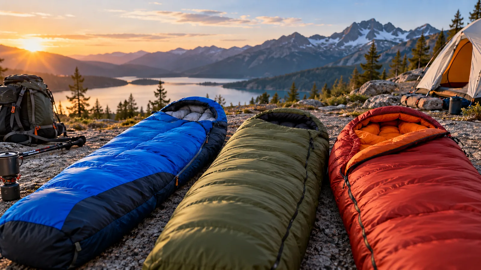 Three sleeping bags arranged at an outdoor campsite.