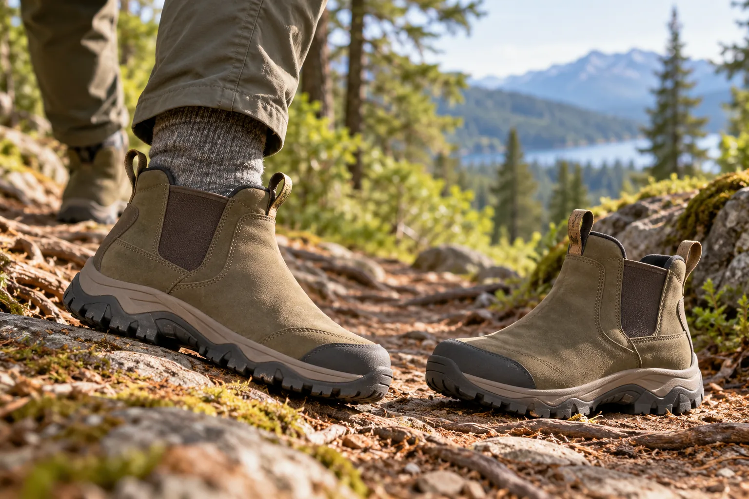 A pair of olive slip-on hiking boots, one worn on a trail and one resting on the ground.