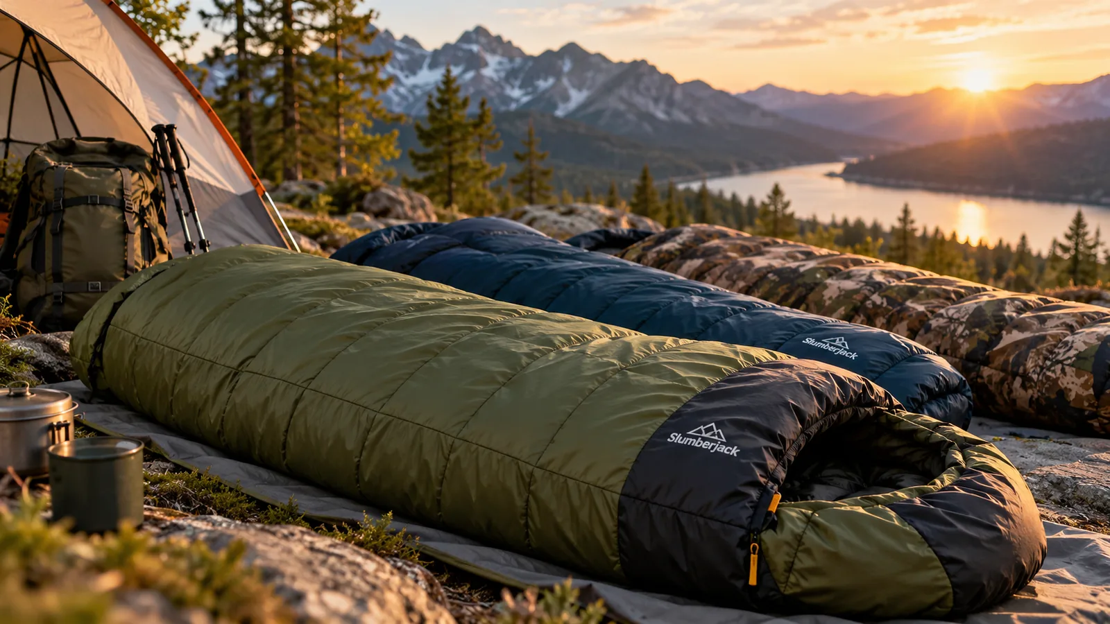 Several sleeping bags are arranged at a mountain campsite, including dark bags with visible Slumberjack branding.