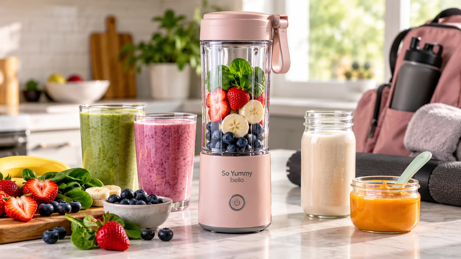 A pink So Yummy Bella portable blender filled with fruit sits beside smoothies and fresh ingredients.