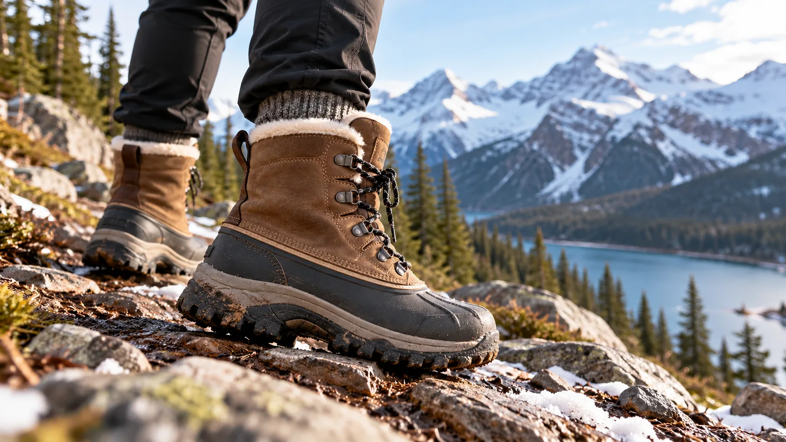 A person wears an insulated leather hiking boot on a snowy rocky mountain trail.