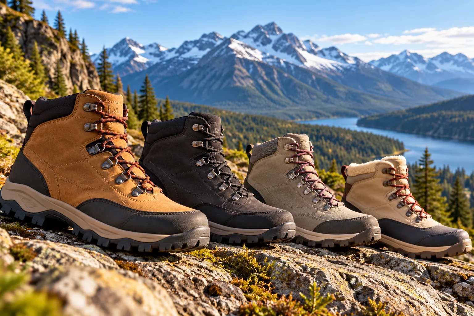 Four hiking boots in distinct shapes and colors are arranged on a rocky alpine trail.