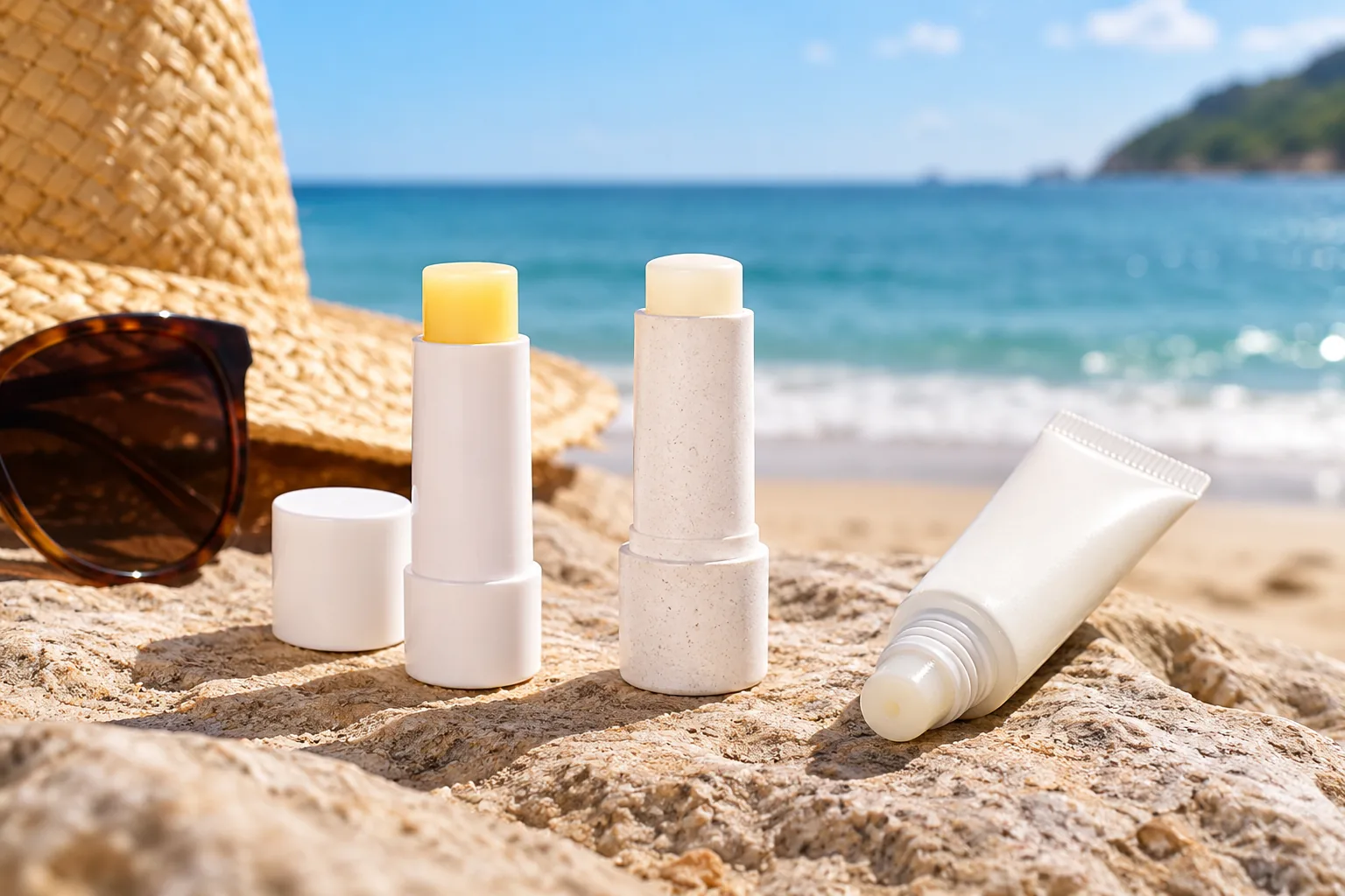 Unmarked lip balm sticks and a squeeze tube sit on a sunny beach beside sunglasses.