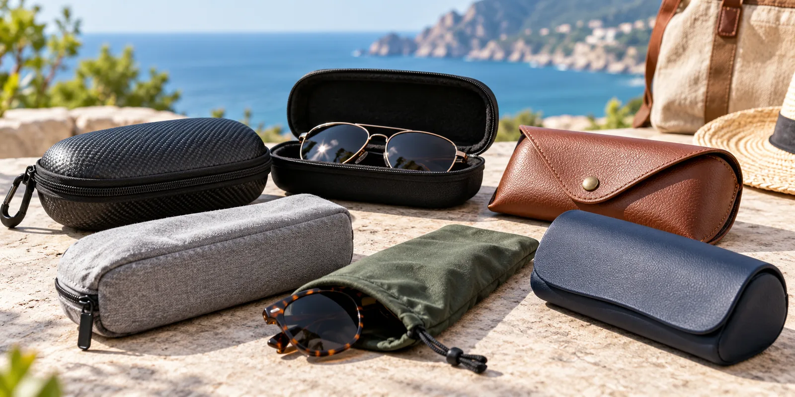 Several sunglasses cases displayed with glasses inside.