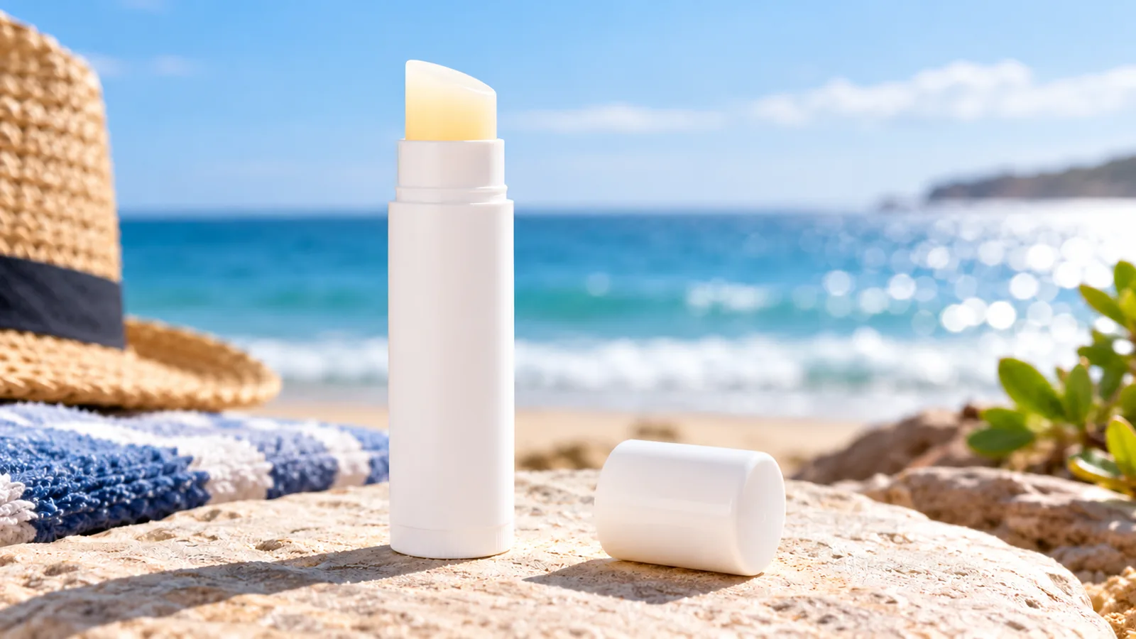 A plain lip balm tube and cap on a sunny beach.