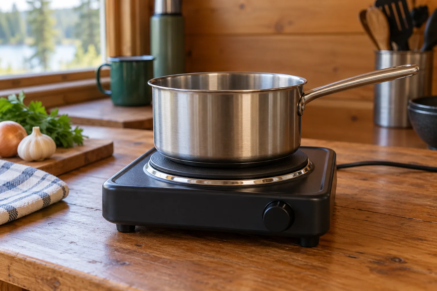 A generic single-burner electric hot plate with a plain saucepan on a wooden kitchen counter.