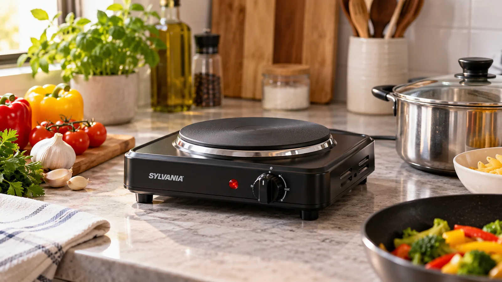 A single-burner Sylvania portable electric hot plate sits on a kitchen counter beside cookware.